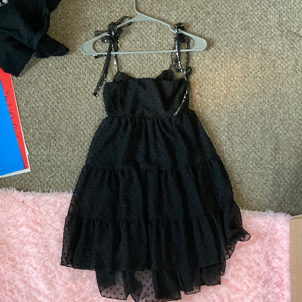 Lucy in the sky black tiered dress, size small, sequin straps